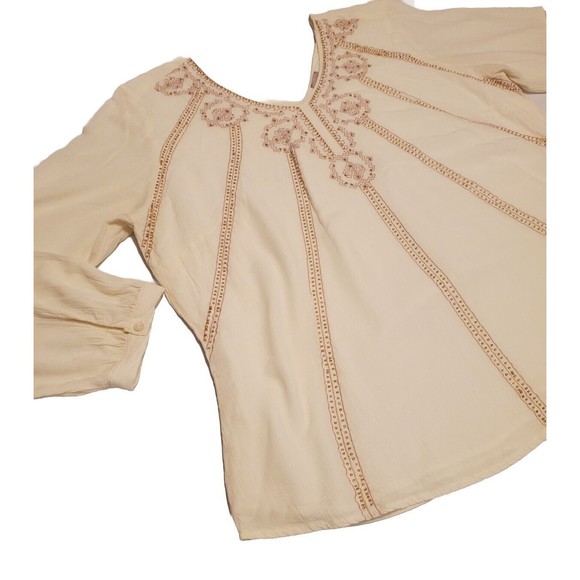 Chico's Sz 2 Beaded Embroidered Linen Lined Tunic Top Aztec Lagen Boho - Picture 2 of 12